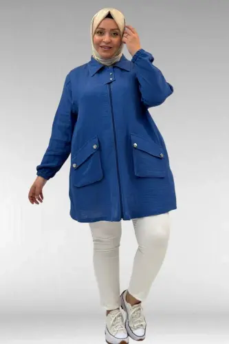 63001 Büyük Beden Cep Ve Patı Çıtçıt Detaylı Müslin Ceket - İndigo - 1