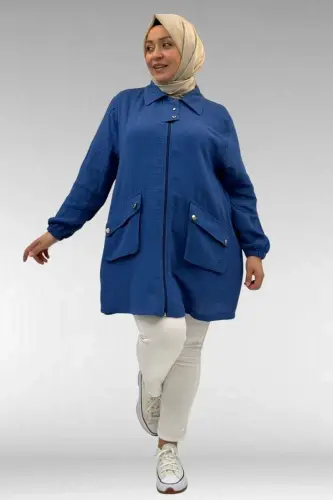 63001 Büyük Beden Cep Ve Patı Çıtçıt Detaylı Müslin Ceket - İndigo - 3