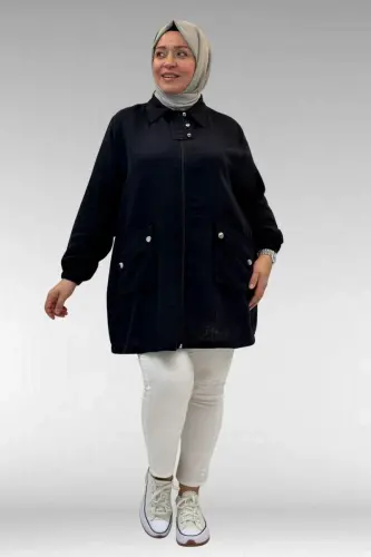 63001 Büyük Beden Cep Ve Patı Çıtçıt Detaylı Müslin Ceket - Siyah - 1