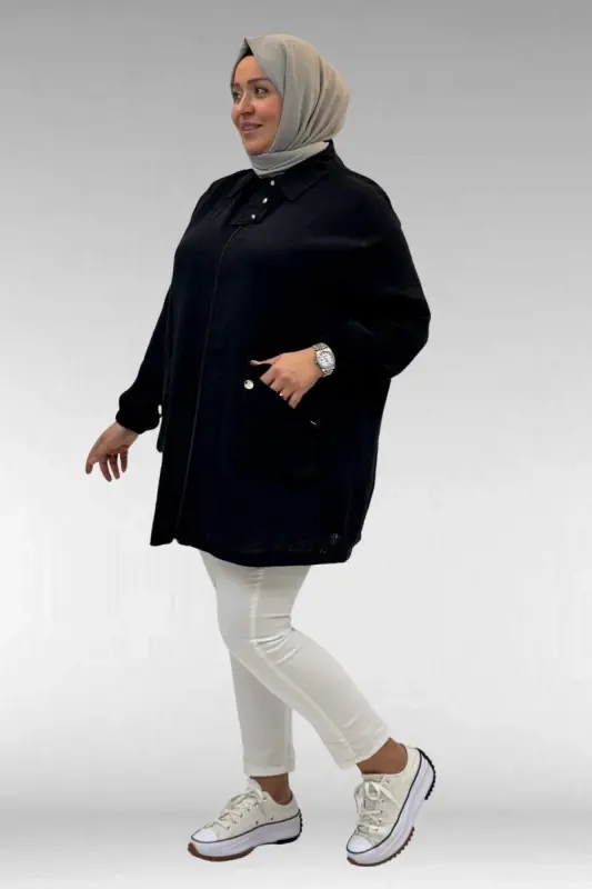 63001 Büyük Beden Cep Ve Patı Çıtçıt Detaylı Müslin Ceket - Siyah - 3
