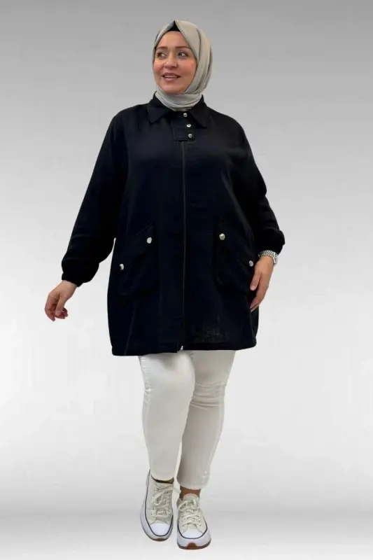63001 Büyük Beden Cep Ve Patı Çıtçıt Detaylı Müslin Ceket - Siyah - BÜYÜKBEDENIZ
