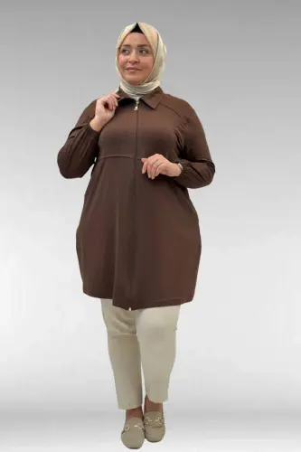 63002 Büyük Beden Fermuarlı - Kapüşonlu Penye Ceket - Kahve - BÜYÜKBEDENIZ (1)