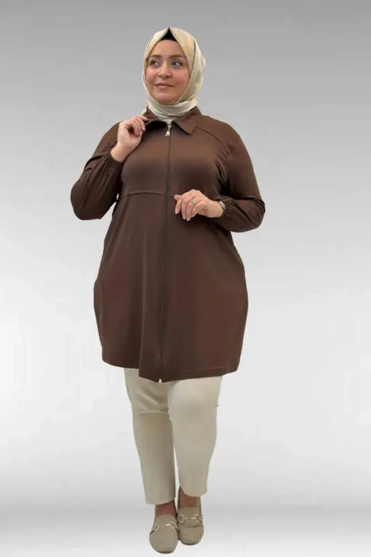 63002 Büyük Beden Fermuarlı - Kapüşonlu Penye Ceket - Kahve - 2