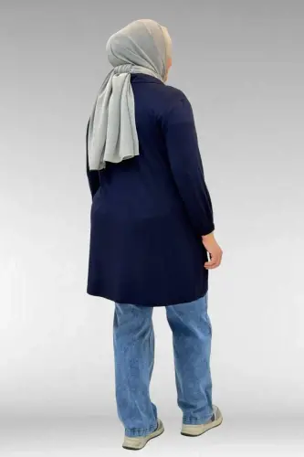 63002 Büyük Beden Fermuarlı - Kapüşonlu Penye Ceket - Lacivert - 3