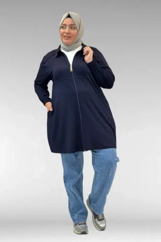 63002 Büyük Beden Fermuarlı - Kapüşonlu Penye Ceket - Lacivert - BÜYÜKBEDENIZ (1)