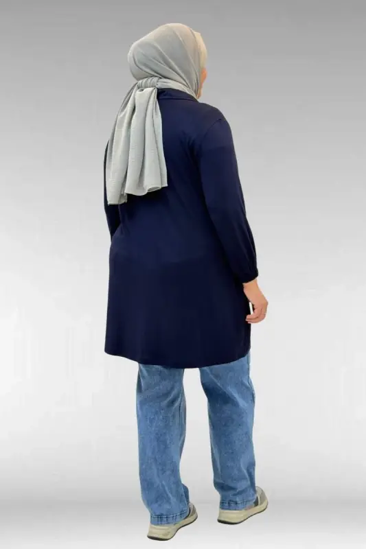 63002 Büyük Beden Fermuarlı - Kapüşonlu Penye Ceket - Lacivert - 3