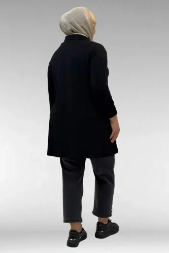 63002 Büyük Beden Fermuarlı - Kapüşonlu Penye Ceket - Siyah - 3