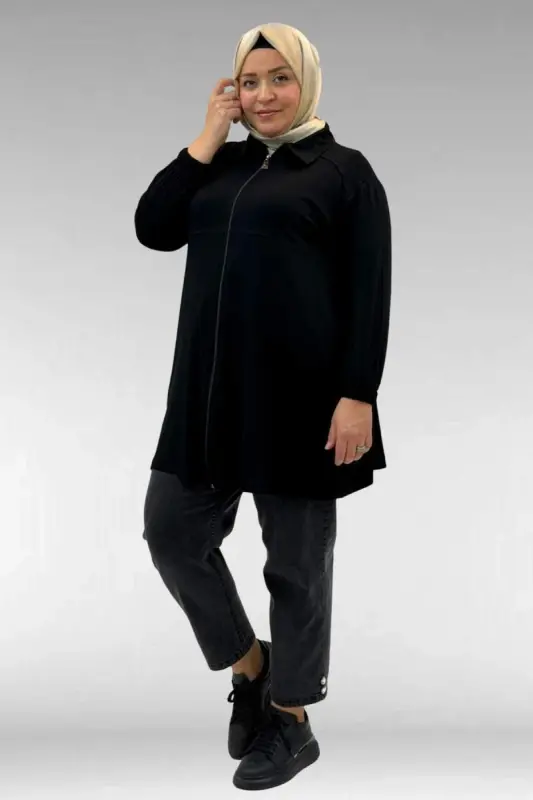 63002 Büyük Beden Fermuarlı - Kapüşonlu Penye Ceket - Siyah - 1