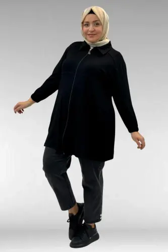 63002 Büyük Beden Fermuarlı - Kapüşonlu Penye Ceket - Siyah - BÜYÜKBEDENIZ (1)