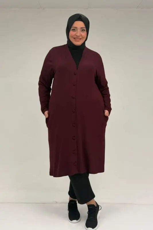 63005 Büyük Beden Kaplama Düğme Detaylı Penye Ceket - Bordo - BÜYÜKBEDENIZ