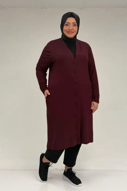 63005 Büyük Beden Kaplama Düğme Detaylı Penye Ceket - Bordo - 2