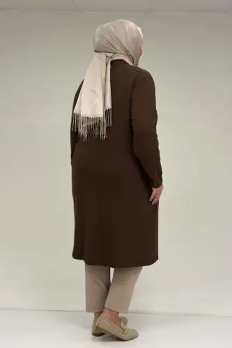 63005 Büyük Beden Kaplama Düğme Detaylı Penye Ceket - Kahve - BÜYÜKBEDENIZ (1)