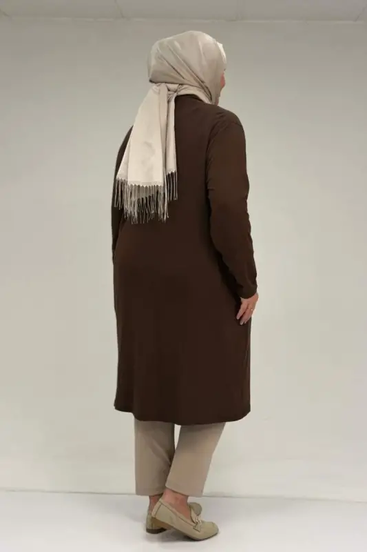 63005 Büyük Beden Kaplama Düğme Detaylı Penye Ceket - Kahve - 2