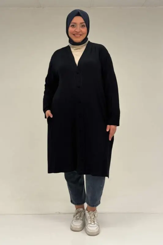 63005 Büyük Beden Kaplama Düğme Detaylı Penye Ceket - Lacivert - BÜYÜKBEDENIZ