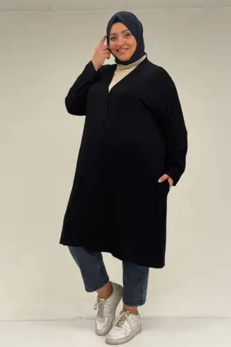63005 Büyük Beden Kaplama Düğme Detaylı Penye Ceket - Lacivert - BÜYÜKBEDENIZ (1)