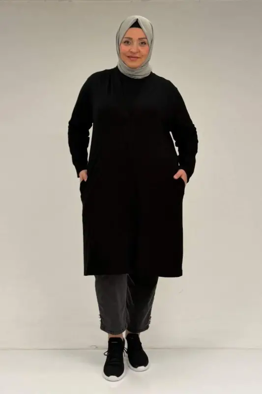 63005 Büyük Beden Kaplama Düğme Detaylı Penye Ceket - Siyah - 1