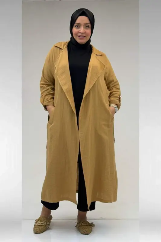 63006 Büyük Beden D Halka Detaylı Müslin Trençkot - Bisküvi - BÜYÜKBEDENIZ