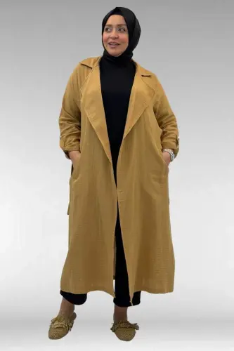 63006 Büyük Beden D Halka Detaylı Müslin Trençkot - Bisküvi - 3