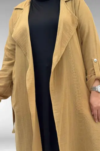63006 Büyük Beden D Halka Detaylı Müslin Trençkot - Bisküvi - BÜYÜKBEDENIZ (1)