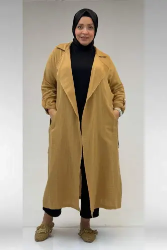 63006 Büyük Beden D Halka Detaylı Müslin Trençkot - Bisküvi - 1
