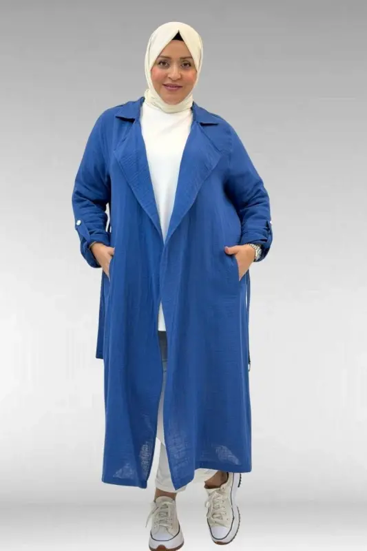 63006 Büyük Beden D Halka Detaylı Müslin Trençkot - İndigo - BÜYÜKBEDENIZ