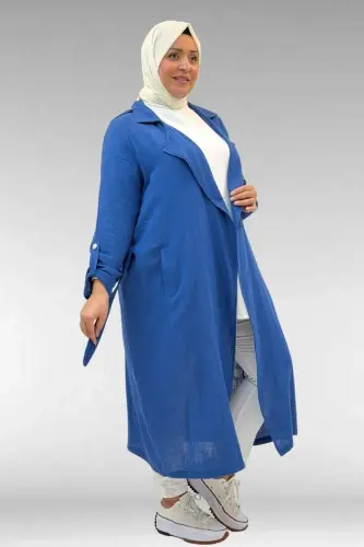 63006 Büyük Beden D Halka Detaylı Müslin Trençkot - İndigo - BÜYÜKBEDENIZ (1)