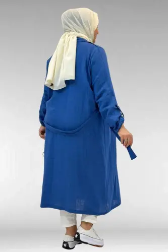 63006 Büyük Beden D Halka Detaylı Müslin Trençkot - İndigo - 3