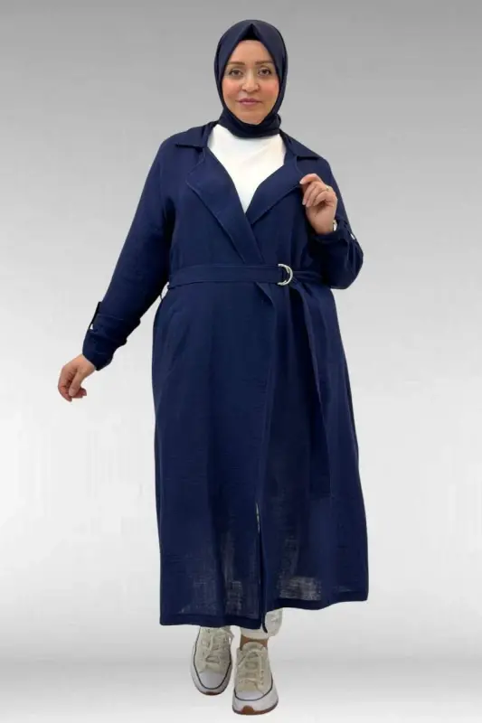 63006 Büyük Beden D Halka Detaylı Müslin Trençkot - Lacivert - BÜYÜKBEDENIZ
