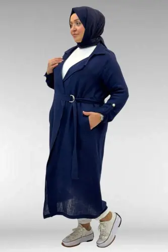 63006 Büyük Beden D Halka Detaylı Müslin Trençkot - Lacivert - BÜYÜKBEDENIZ (1)
