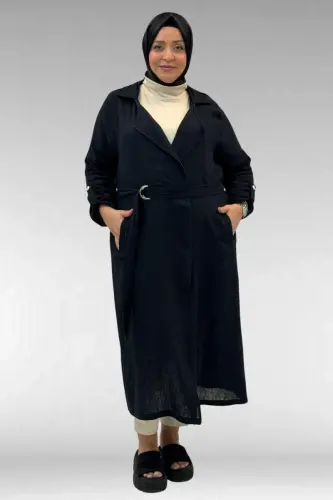 63006 Büyük Beden D Halka Detaylı Müslin Trençkot - Siyah - 1