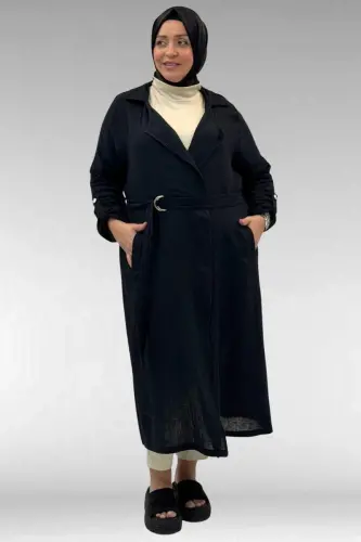 63006 Büyük Beden D Halka Detaylı Müslin Trençkot - Siyah - 3