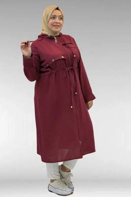 63008 Plus Size Linen Coat with Eyelet Detail - Burgundy - BÜYÜKBEDENIZ