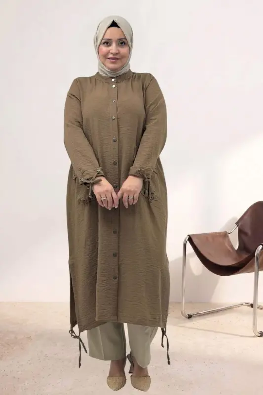 63009 Plus Size Snap-Fastener Eyelet Detailed Linen Coat - Mink - 1