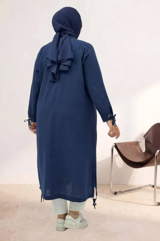 63009 Plus Size Snap-Fastener Eyelet Detailed Linen Coat - Navy Blue - 3