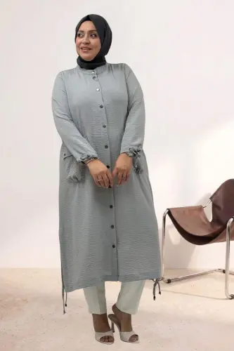 63009 Plus Size Snap-Fastener Eylet Detailed Linen Coat - Grey - 1
