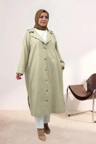 63010 Plus Size Full-Button Melange Linen Trench Coat - Beige - 1