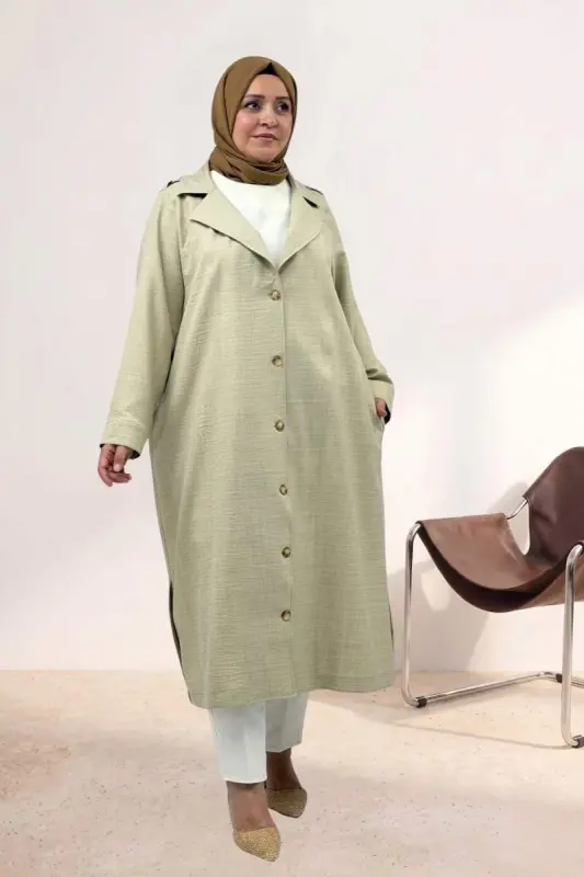 63010 Plus Size Full-Button Melange Linen Trench Coat - Beige - 1