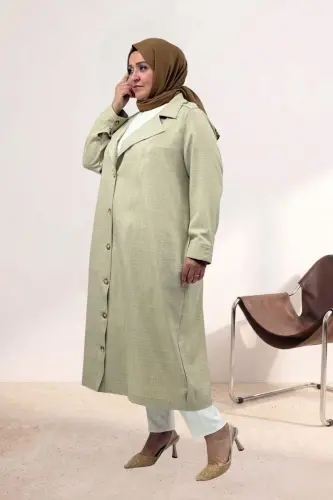 63010 Plus Size Full-Button Melange Linen Trench Coat - Beige - BÜYÜKBEDENIZ (1)
