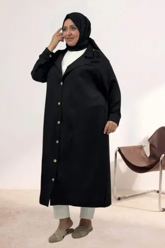 63010 Plus Size Full-Button Melange Linen Trench Coat - Black - BÜYÜKBEDENIZ (1)