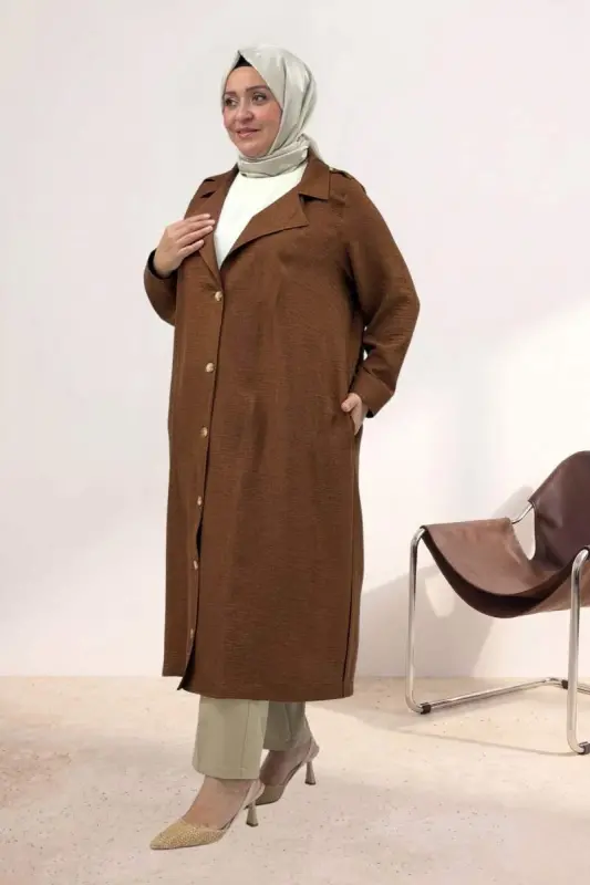 63010 Plus Size Full-Button Melange Linen Trench Coat - Brown - 2
