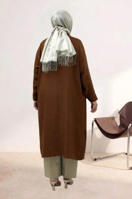 63010 Plus Size Full-Button Melange Linen Trench Coat - Brown - 3