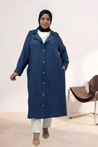 63010 Plus Size Full Buttoned Melange Linen Trench Coat - Indigo - 1