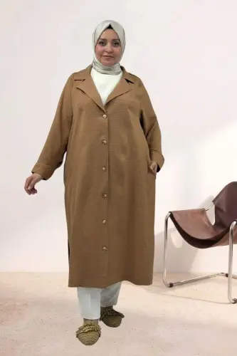 63010 Plus Size Full Buttoned Melange Linen Trench Coat - Tan - 1