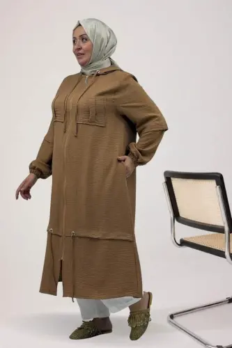 63012 Plus Size Cuffed Sleeve Hooded Melange Linen Coat - Brown - 1