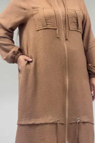 63012 Plus Size Cuffed Sleeve Hooded Melange Linen Coat - Brown - BÜYÜKBEDENIZ (1)