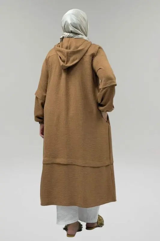 63012 Plus Size Cuffed Sleeve Hooded Melange Linen Coat - Brown - 3