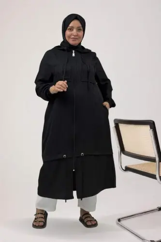 63012 Plus Size Elastic Sleeve Hooded Melange Linen Coat - Black - 1