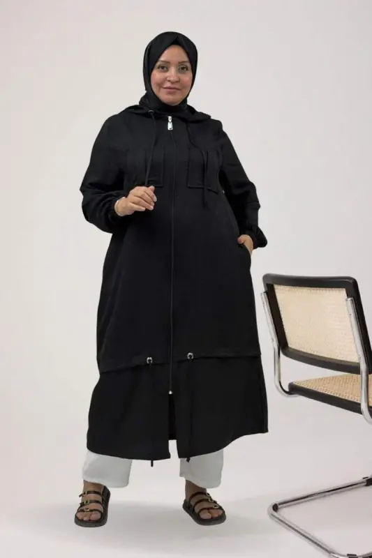 63012 Plus Size Elastic Sleeve Hooded Melange Linen Coat - Black - 1