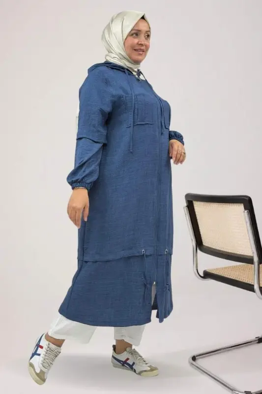 63012 Plus Size Elastic Sleeve Hooded Melange Linen Coat - Indigo - 1