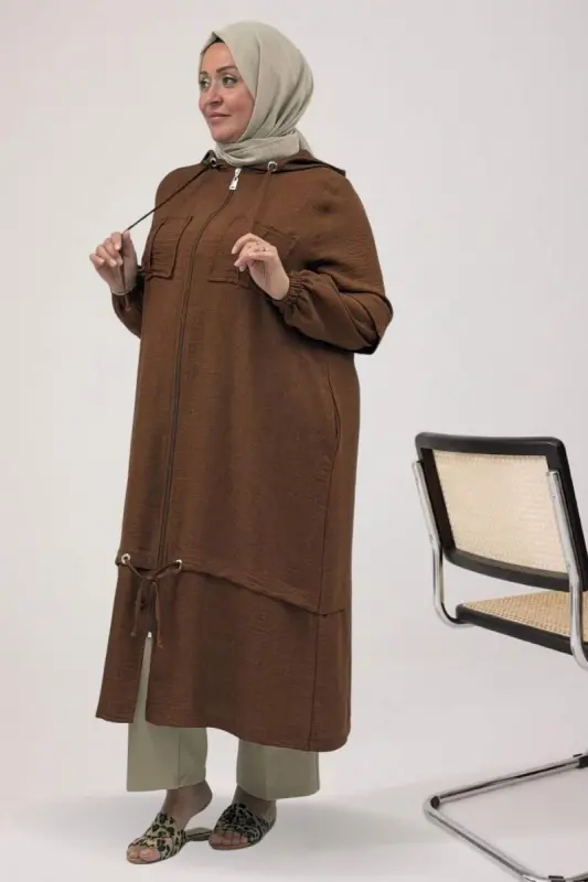 63012 Plus Size Elastic Sleeve Hooded Melange Linen Coat - Tan - 1